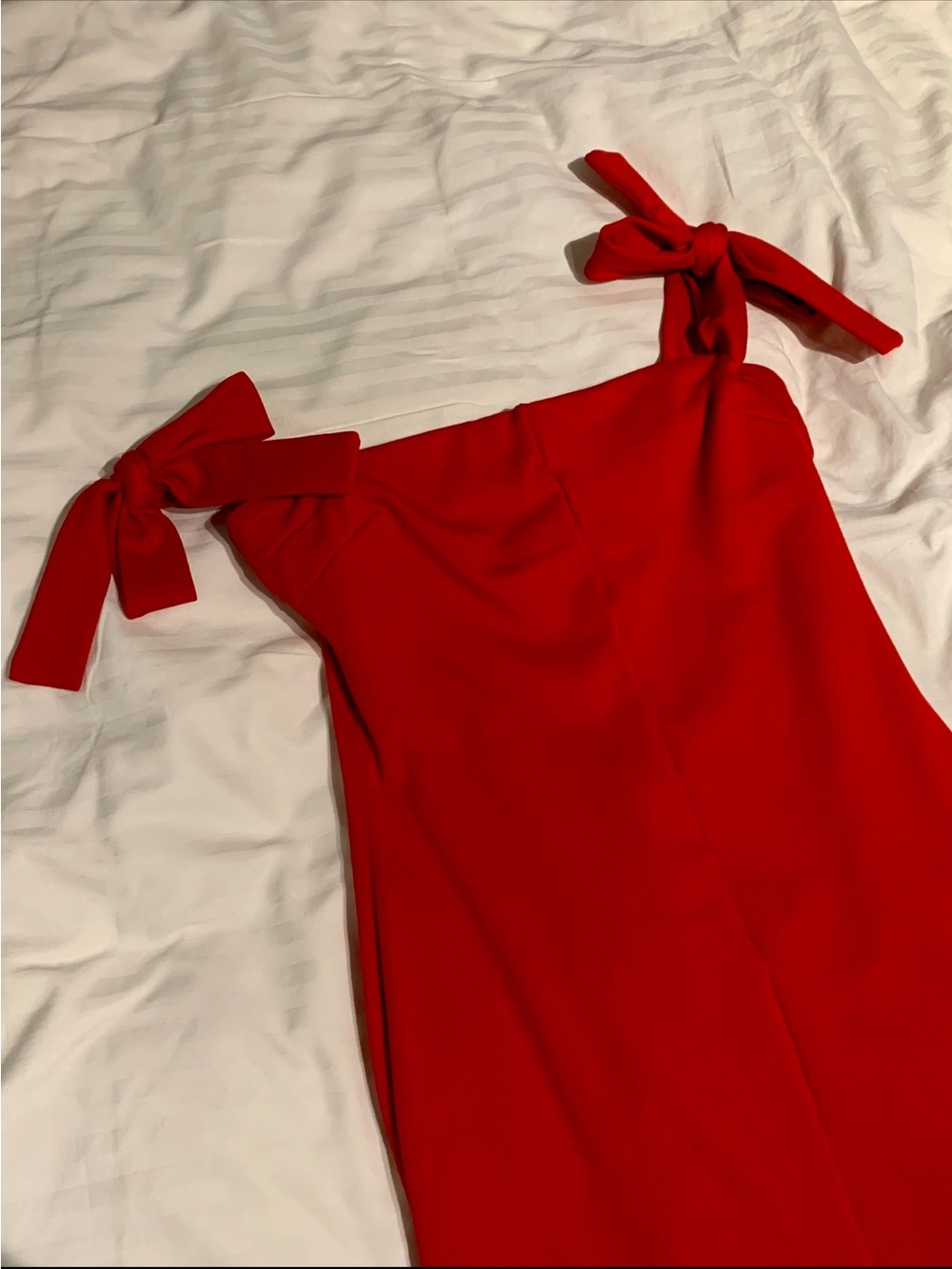 Lavish Alice Red Off-Shoulder Midi Dress with Tie Sleeve